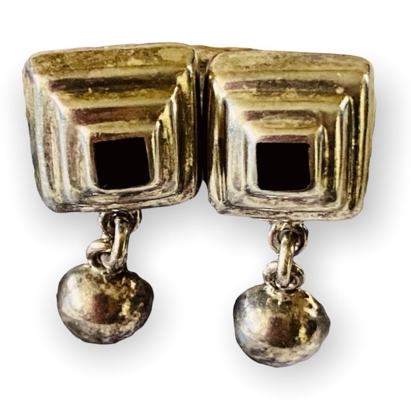 STERLING SILVER BLACK ONYX VTG EARRINGS - Picture 2 of 10